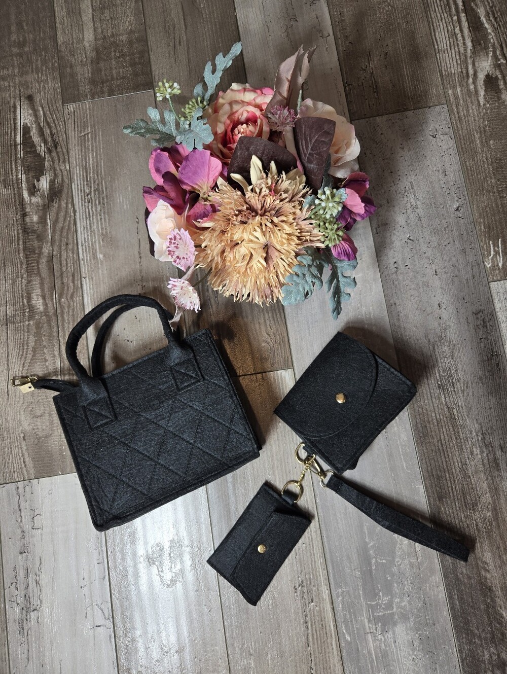Black Felt 3pc Women’s Mini Tote Bag Set with Coin Purse & Card Holder NWOT